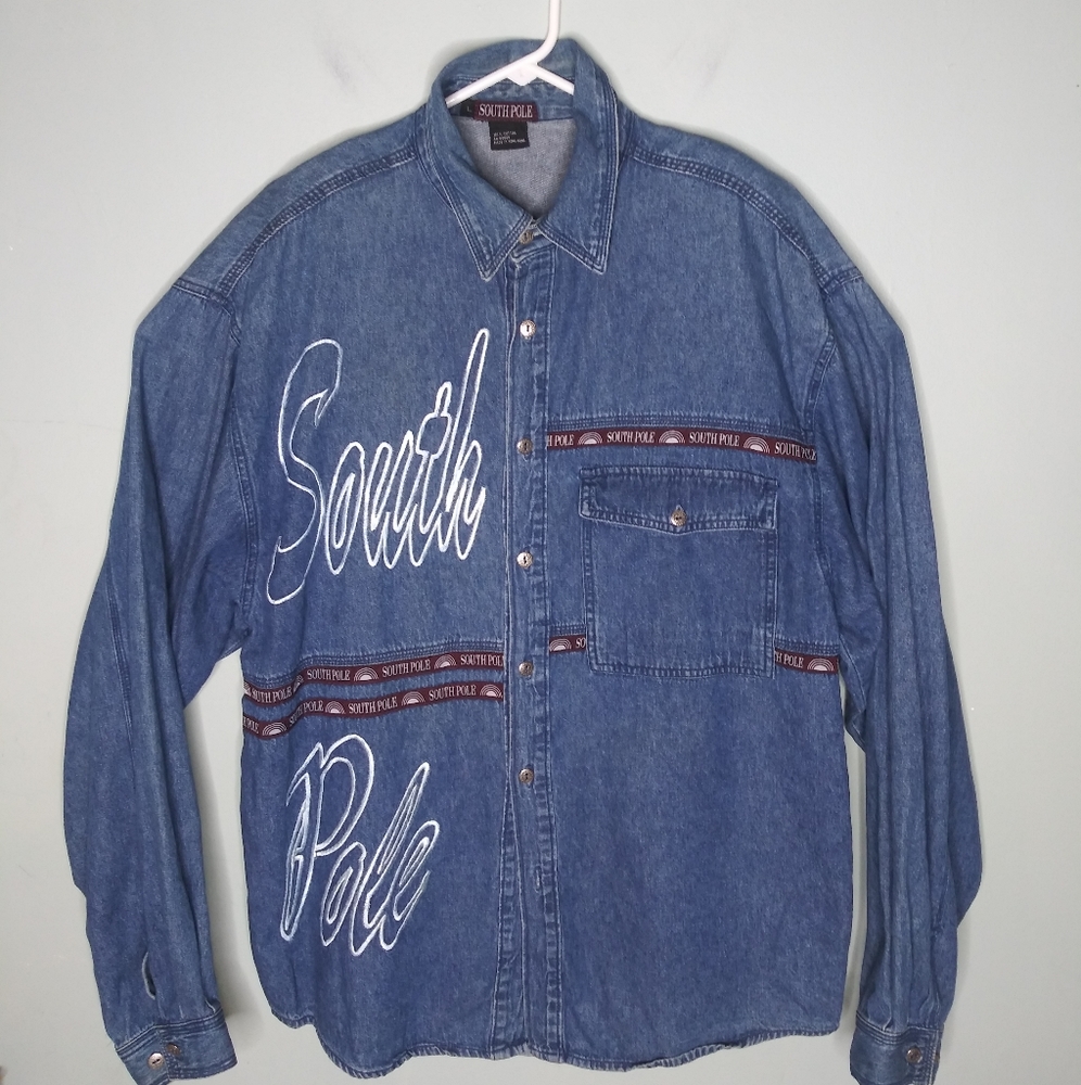 Vintage South Pole Embroidered Denim Long Sleeve Button Front Shirt